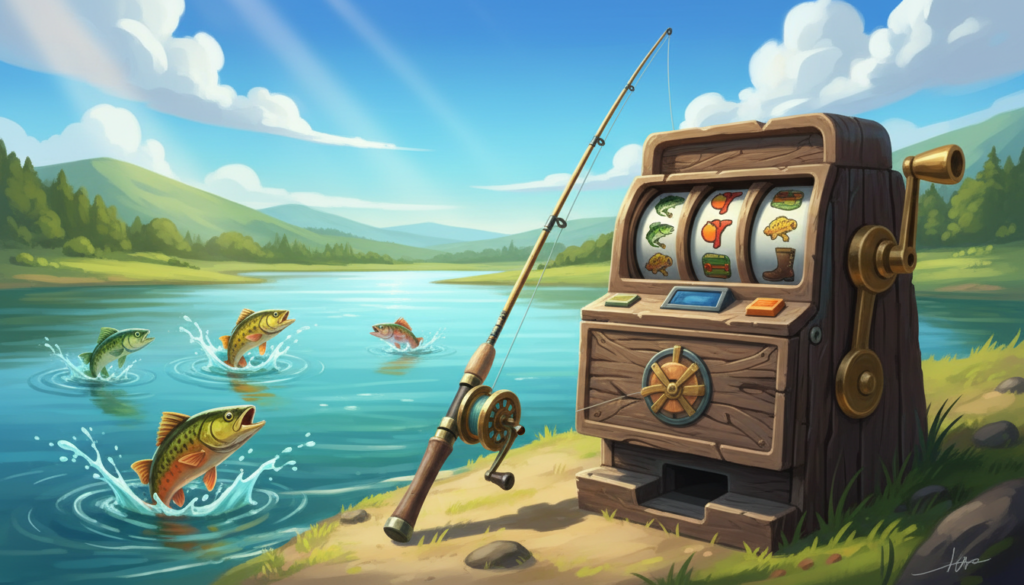 Fishing themed slot reels beside a lake and fishing rod