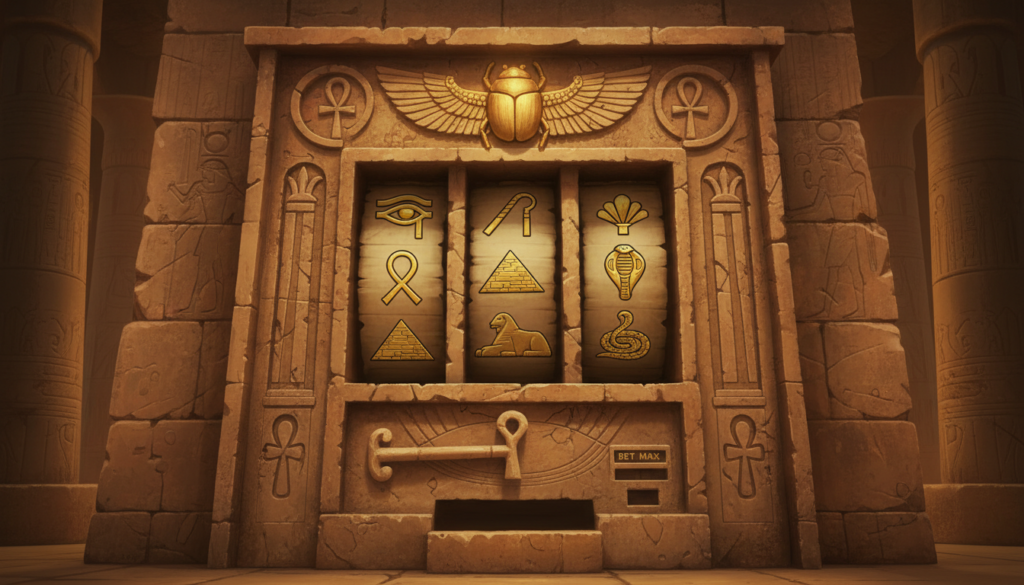 Ancient Egyptian themed slot reels with scroll and scarab motifs