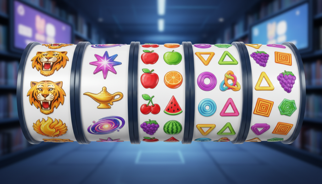 Illustrated free demo slot reels with different symbol types