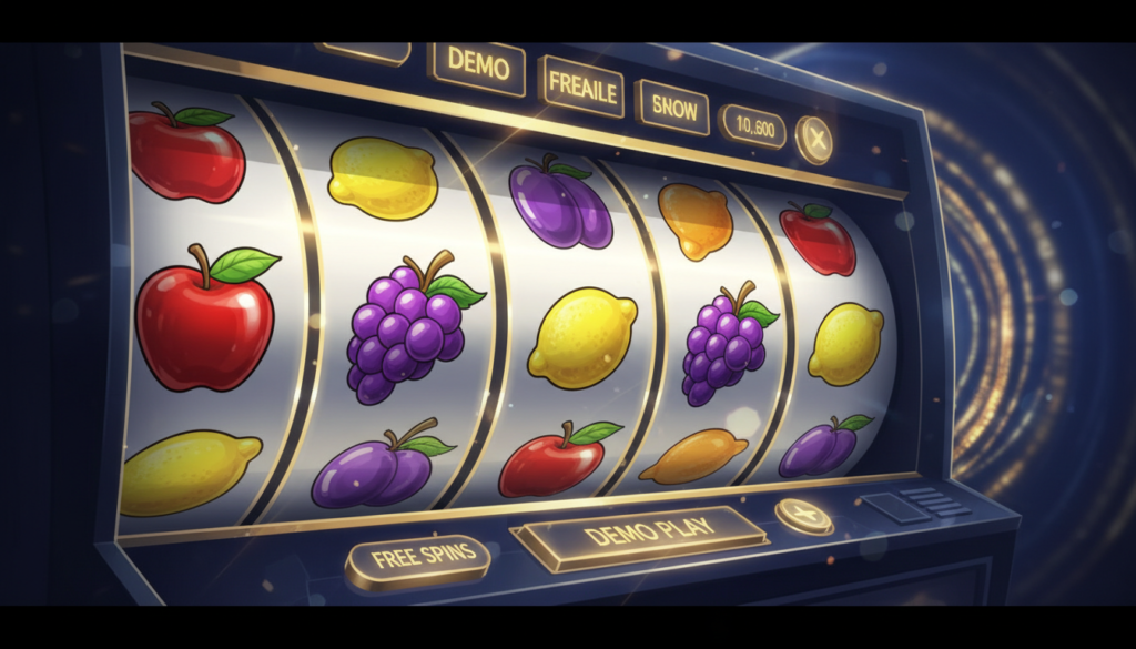 Illustration of free-play poker machine reels with colourful fruit symbols