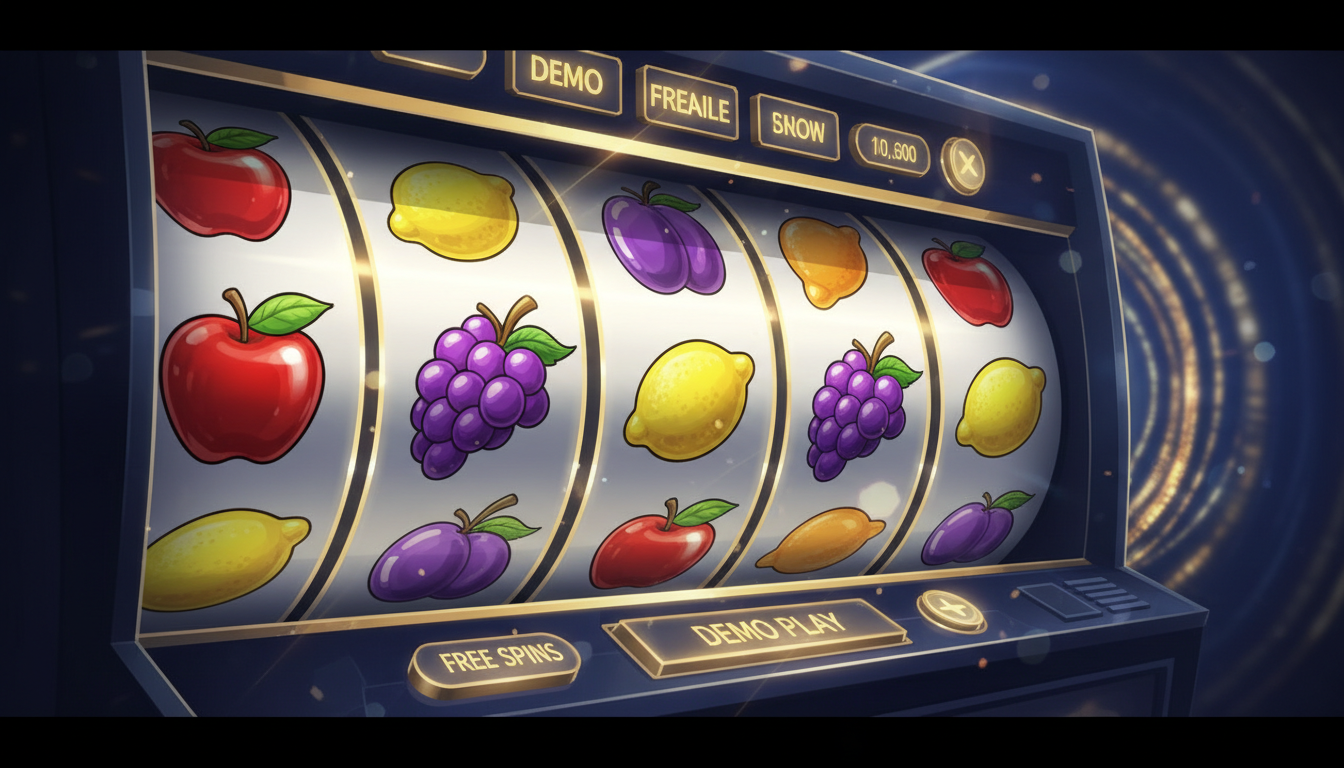 Illustration of free-play poker machine reels with colourful fruit symbols