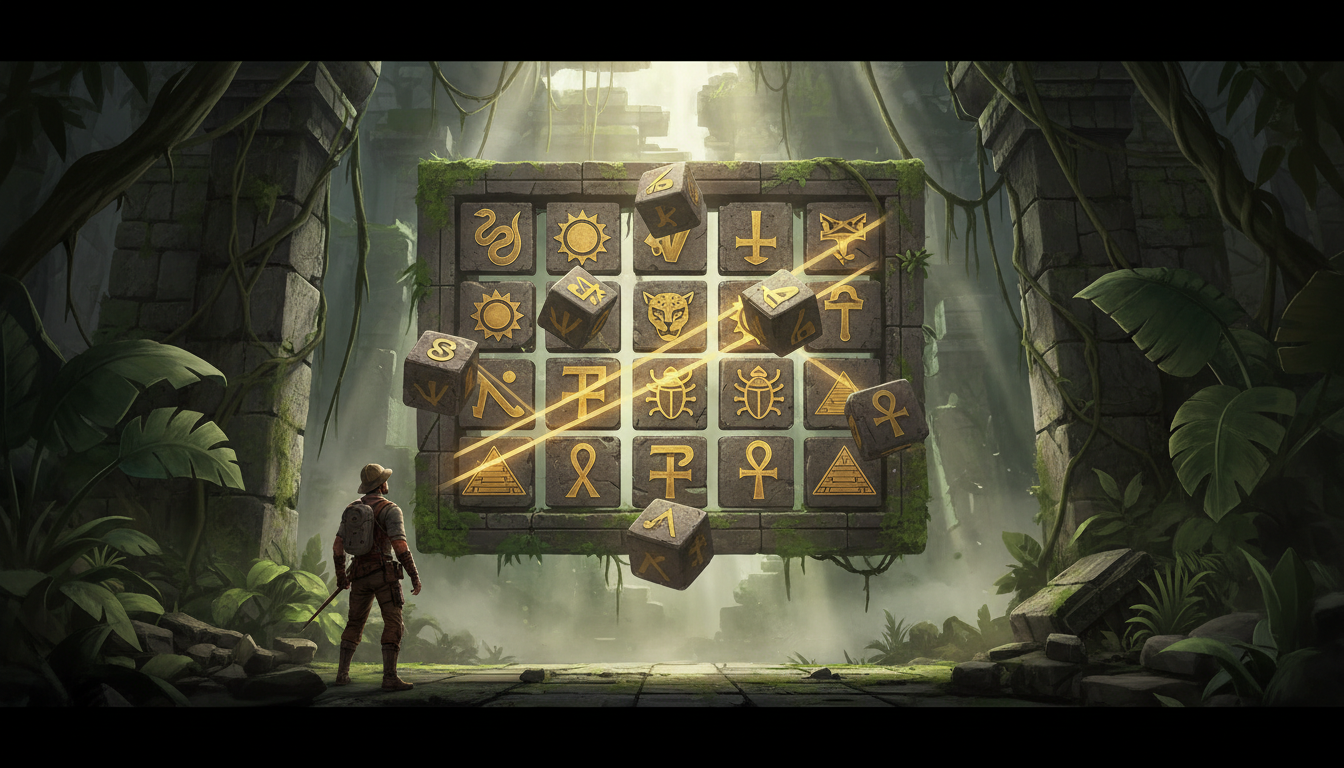 Original illustration of Gonzo’s Quest themed slot symbols and game design