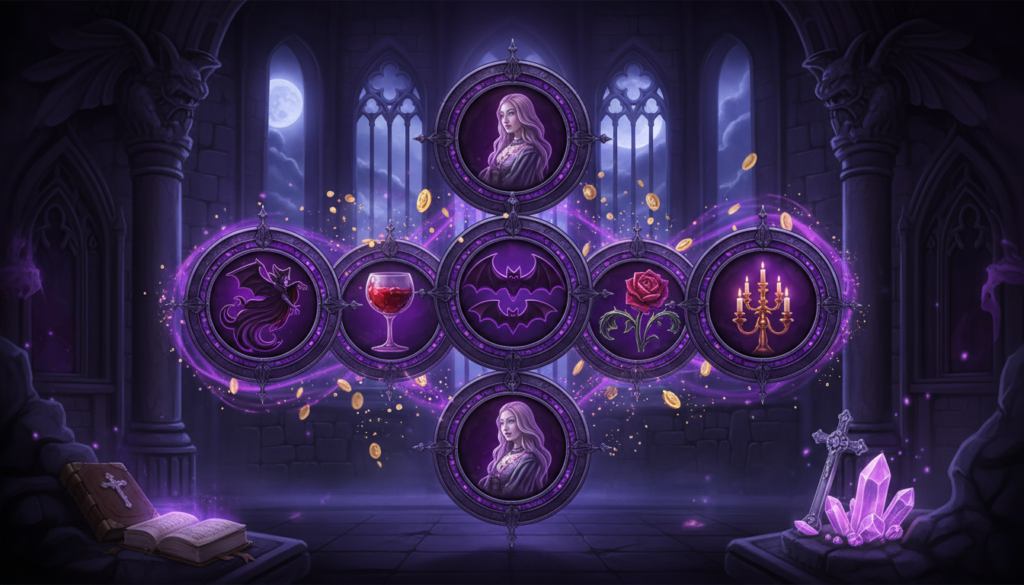 Original illustration of Immortal Romance themed slot symbols and game design