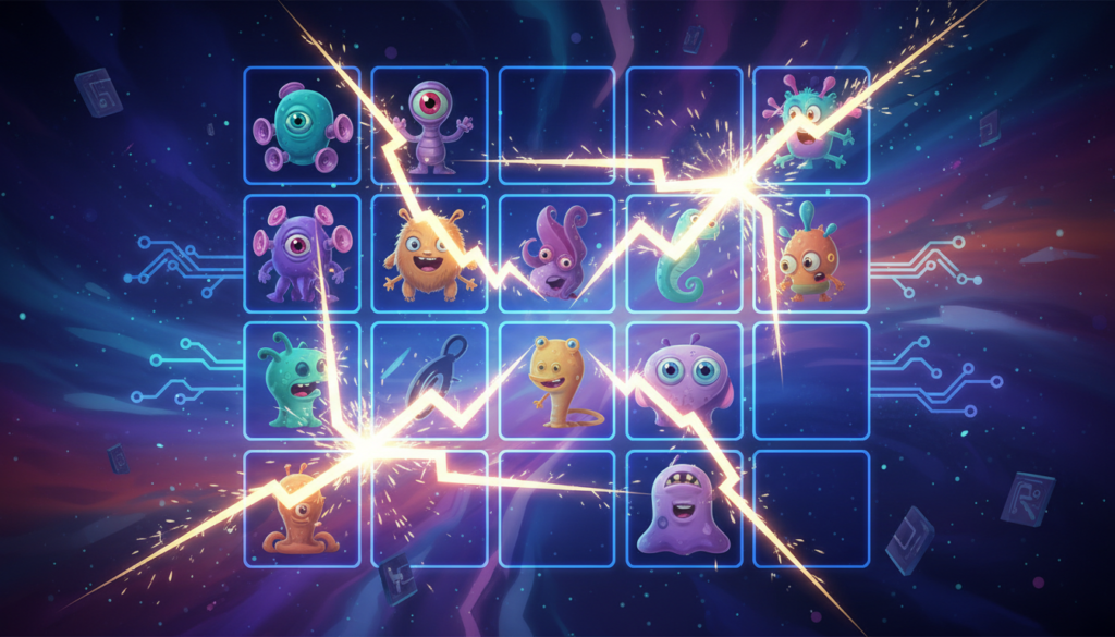 Original illustration of Reactoonz themed slot symbols and game design
