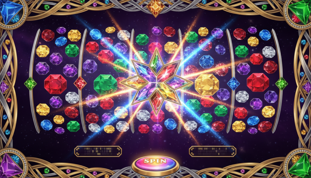 Gem-themed slot reels with bright expanding jewel symbols