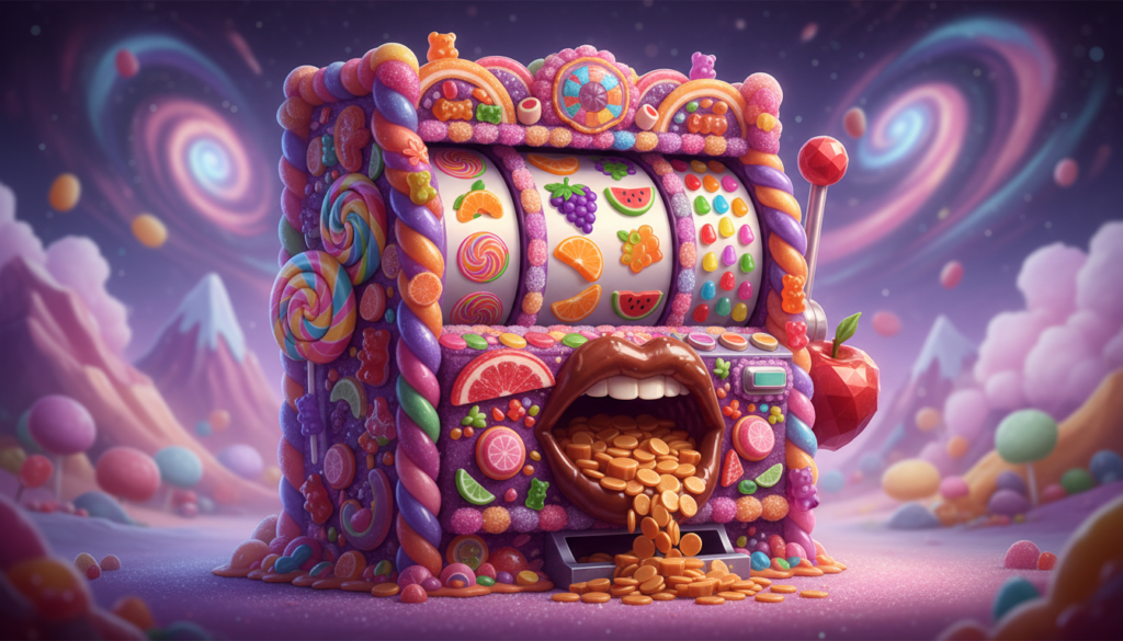 Illustrated candy-themed slot reels with tumbling sweets